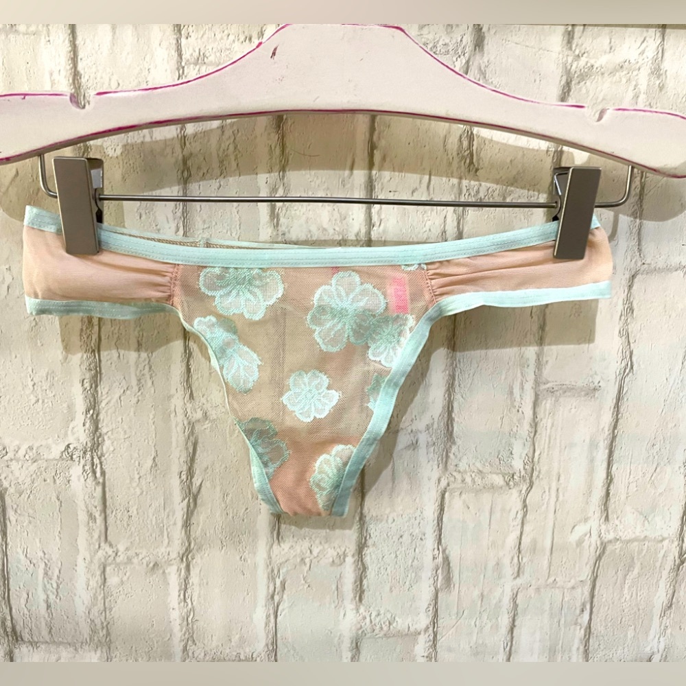 Victoria’s Secret PINK Teal Floral Lace Sheer Thong Panties S NEW